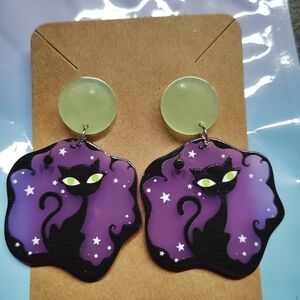 Purple Cat Earrings with Green Accents